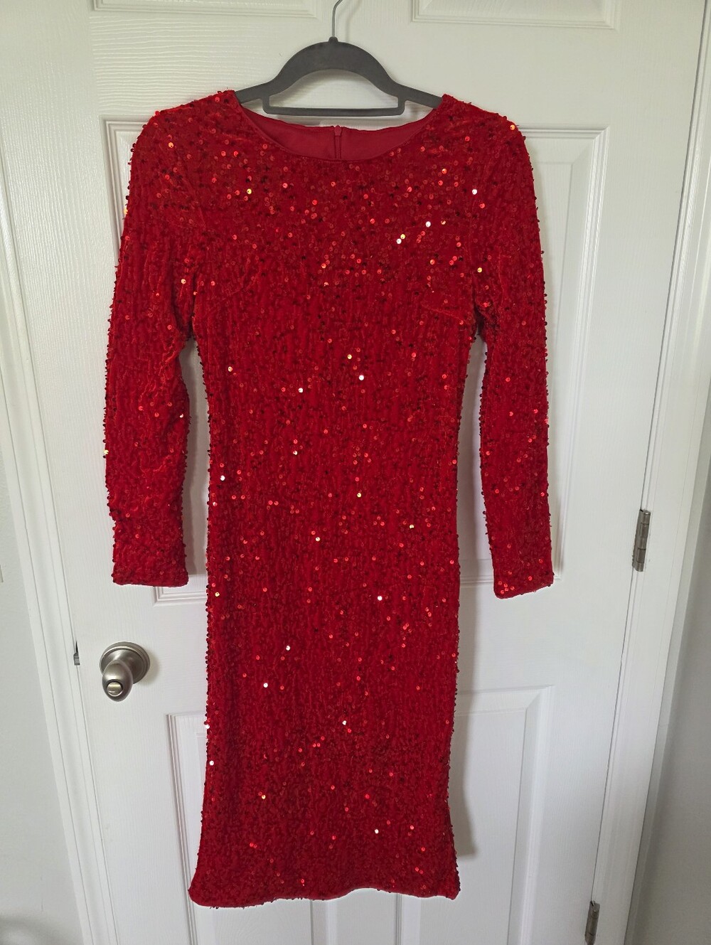 NEW Glam Sequin Velvet Stretch Bodycon Midi Dress Long Sleeve Red